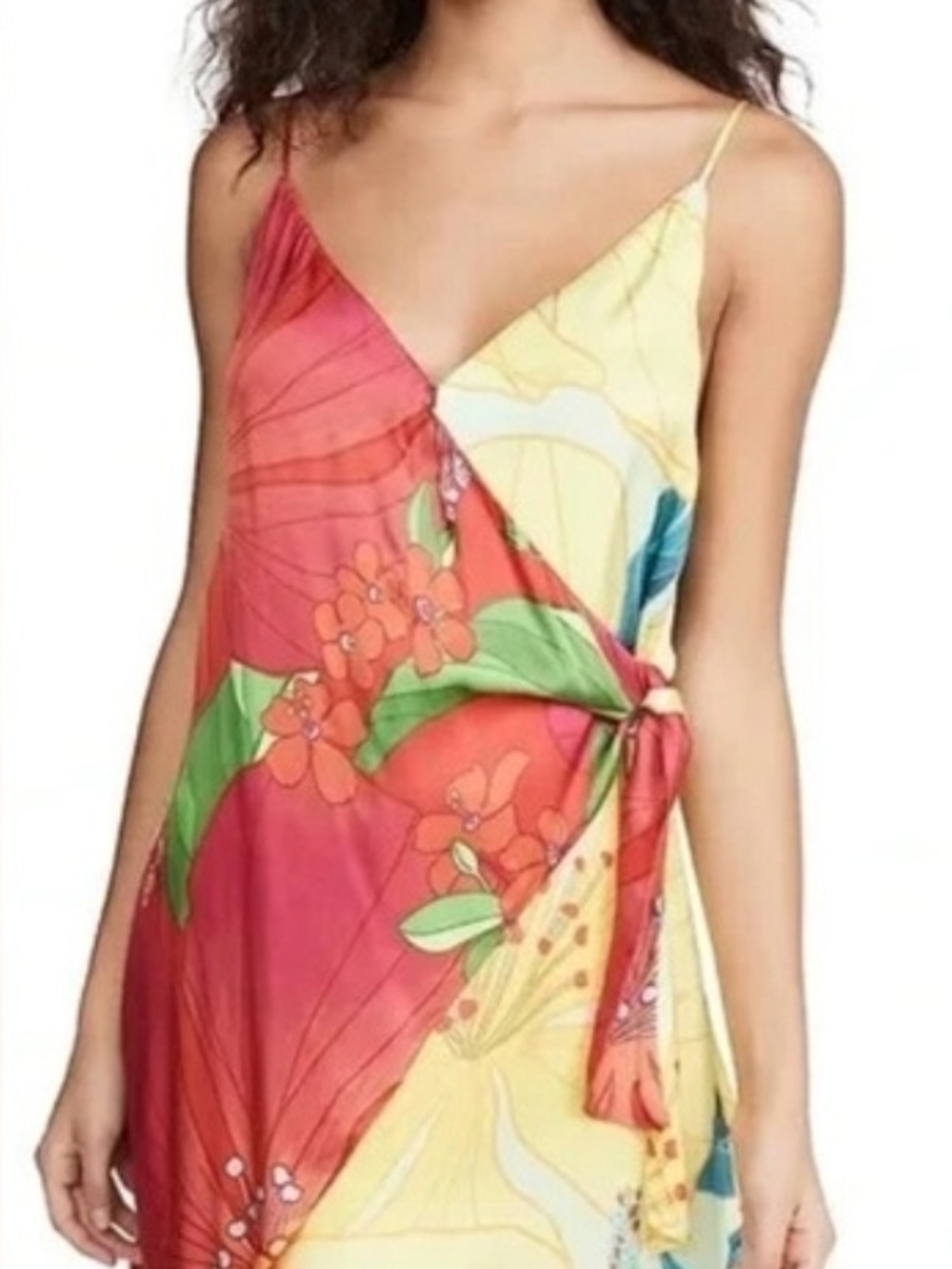 FARM RIO Colorful Floral Wrap Slip Dress - Red, Yellow, Green Sixe XL